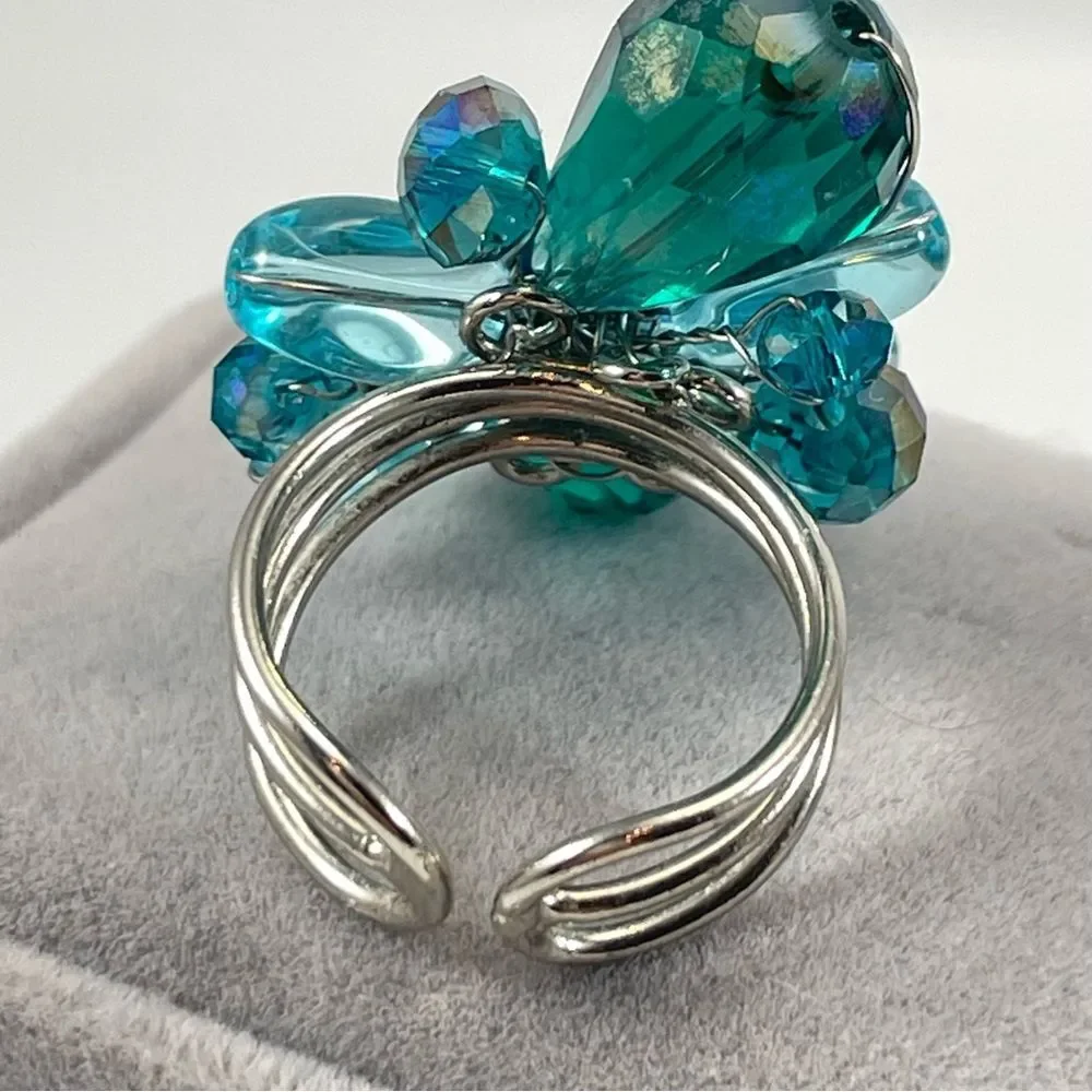 Beautiful Ring Unsigned Blue Glass Artisan Adjustable Silver Tone Statement